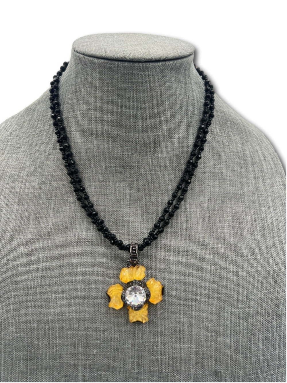 Cristina Sabatini Tesoro Necklace Black Beaded Four Pedal Pendant Amber Glass